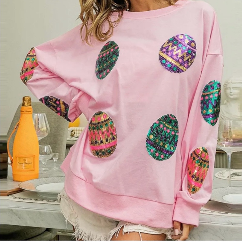 BiBi Pink Sequin Easter Egg design long sleeve lightweight blouse size XL NWT